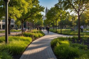 A city park with green spaces, pedestrian-friendly paths, and public art, promoting a healthy and vibrant environment - could help socoal well-being development